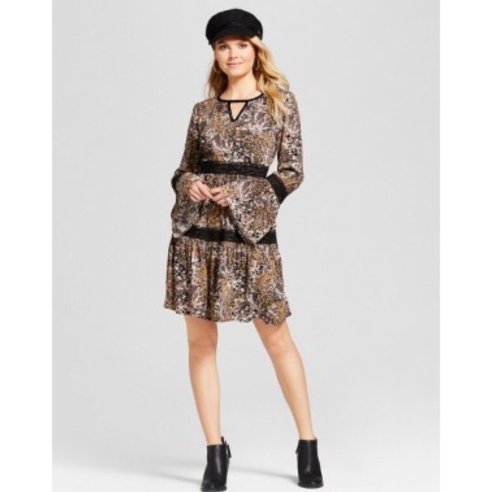 Knox Rose Boho Tiered Dress Knee XXL Paisley Bell Sleeve Dark Cottage Woodland